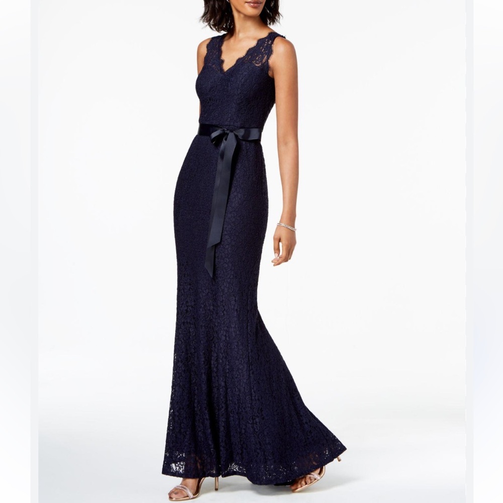 Adriana Papell Navy Lace Gown Maxi Dress 4 NWT Event Gala Quiet Luxury Old Money